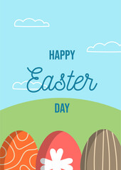 Happy Easter Day picture with eggs on the nature background (grass and sky). Great picture for greeting, printing and web.