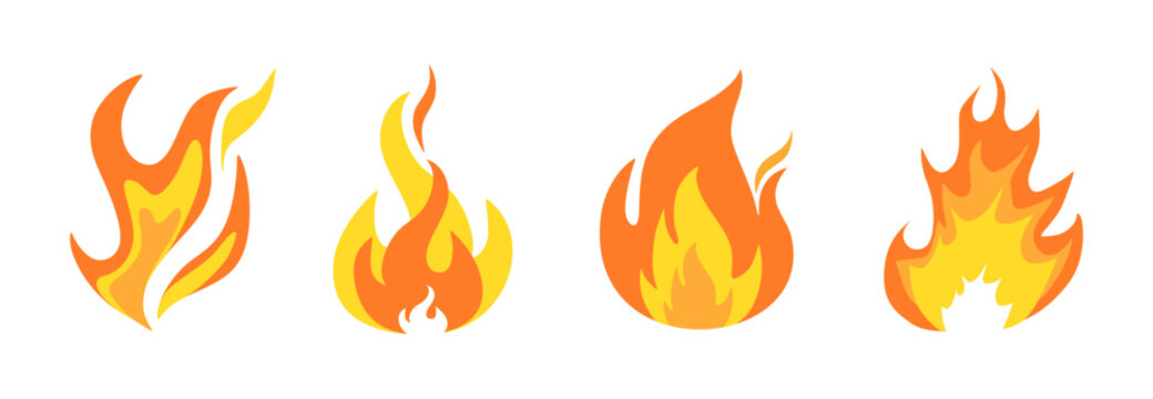 Set of Fire symbols in flat style. Flame Illustration on white background. Blazing fire collection. vector illustration