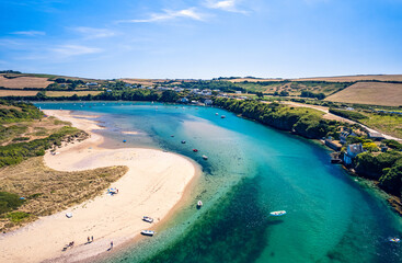 Aerial view of Bantham Beach and River Avon from a drone, South Hams, Devon, England 	