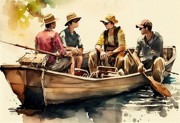 Obraz premium A fishing trip with a group of friends, watercolor style, Generative AI