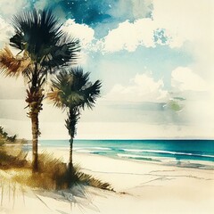 A beach scene with palm trees, sand, and the ocean, watercolor style, aspect ratio 3:2 Generative AI