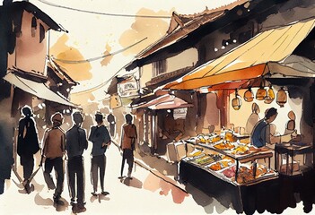 A food tour through a foreign city, watercolor style, Generative AI