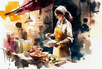 A food tour through a foreign city, watercolor style, Generative AI