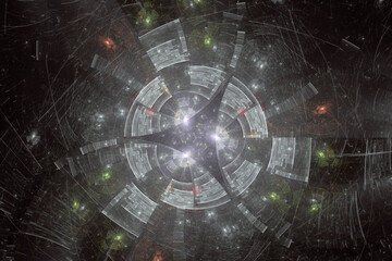 Gray pattern of curved shapes on a black background. Abstract fractal 3D rendering