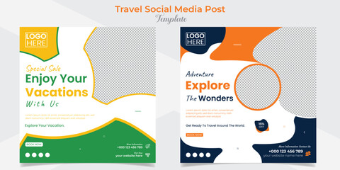 Holiday travel and tourism square flyer post banner and social media post template design set