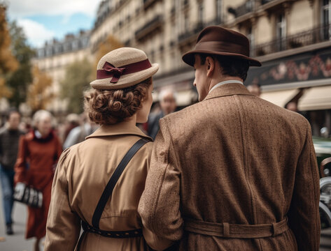 female and male couple in vintage 1940s years style walking down the street, created with Generative AI Technology