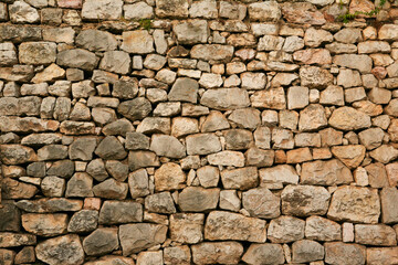 Natural stone wall texture, close-up. Background from stones for publication, design, poster, calendar, post, screensaver, wallpaper, postcard, banner, cover, website. High quality photo