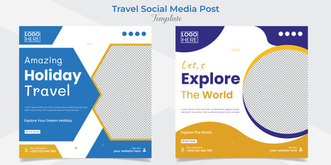 Explore tour and travel social media post and square flyer post banner template design set
