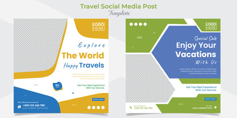 Travel and tour square flyer post banner and social media post template design set
