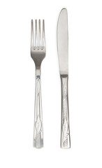 Stainless steel fork and knife, cutlery isolated on white background. Top view.