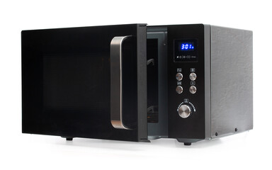 Fototapeta premium Modern black microwave oven with open door isolated on white background