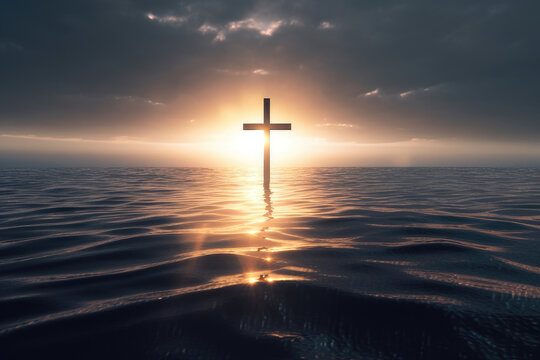 Kreuz schwebt auf einem Meer bei einem Sonnenuntergang