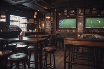 Fototapeta premium Preparation for watching the sport game.Cooled glass of beer with condensate on the wooden table. Blurred bar at the background Generative AI