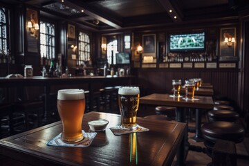 Preparation for watching the sport game.Cooled glass of beer with condensate on the wooden table. Blurred bar at the background Generative AI
