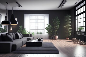 Fototapeta na wymiar Modern dark home interior background, loft interior, 3d render - generative ai