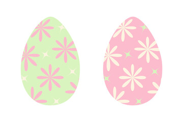 Set of two Easter eggs in trendy green and pink with pattern of abstract stars and flowers. EPS