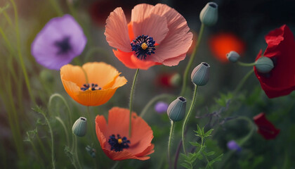Colorful poppy wild flowers in spring.Generative AI.
