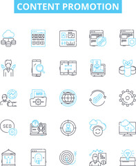Fototapeta na wymiar Content promotion vector line icons set. Marketing, Advertising, Publicity, Networking, Distribution, Linkbuilding, Outreach illustration outline concept symbols and signs