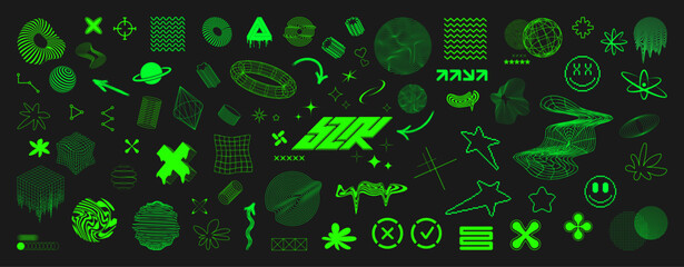 Acid toxic and retrofuturistic Y2K geometric shapes, icons, design elements. Retro wave in 00s, 90s, 80s. Vaporwave elements with glitch and liquid effect. Y2K shapes, icons, retro future. Vector set