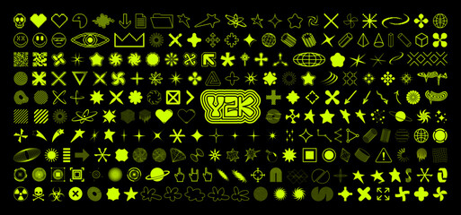 Retrofuturistic y2k graphic elements, icons, shapes, rave and techno acid style elements. Geometric trippy shapes, vaporwave 00s, 90s, 80s. Lots of acid y2k graphic design for typography. Vector set