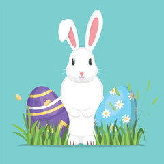 Banners with Easter greetings, poster, rabbit, Easter eggs in the grass, greeting card.