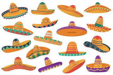 Mexican sombrero traditional vintage headdress flat illustrations set. Ethnic retro carnival hat - obrazy, fototapety, plakaty