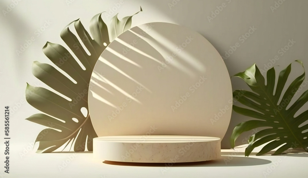 Poster podium template with foliage drop shadow for product. beauty mockup with empty tray presentation. ge