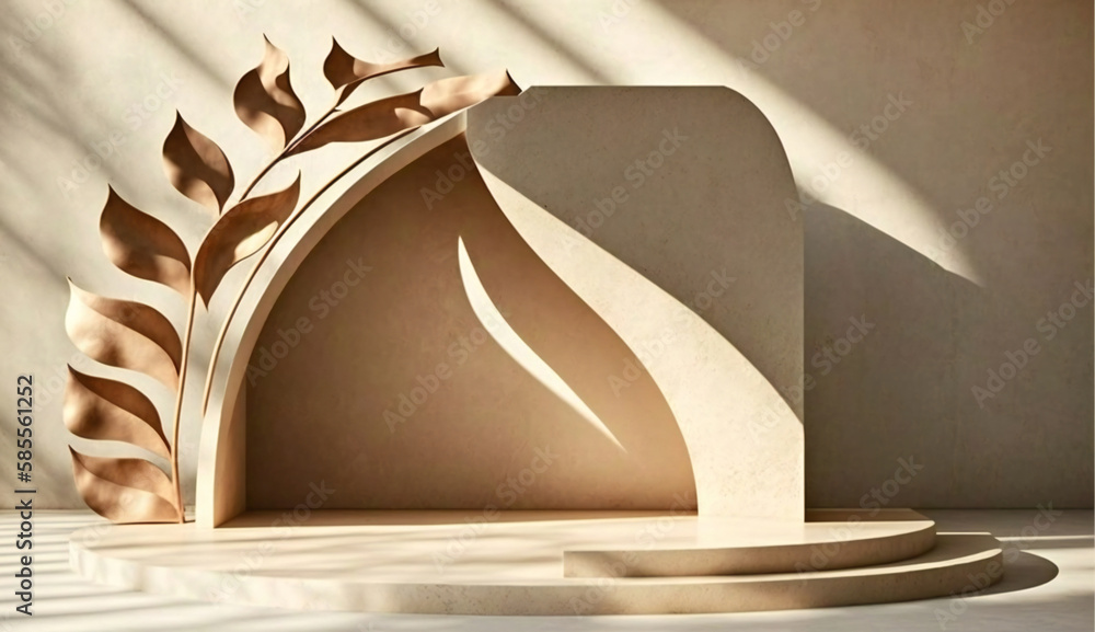 Poster podium template with foliage drop shadow for product. beauty mockup with empty tray presentation. ge