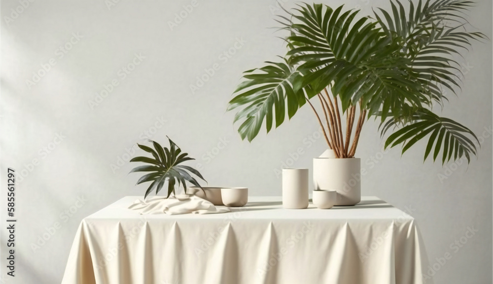 Poster podium template with foliage drop shadow for product. beauty mockup with empty tray presentation. ge