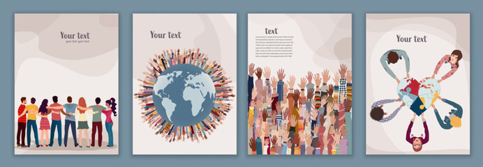 Poster template with group of people of diverse cultures. Hands raised around the earth. Together cooperating for an eco and clean environment and earth. Community.Environmental protection