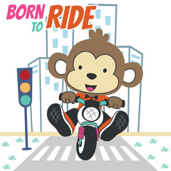 Vector illustration of cute little monkey ride motorcycle. Creative vector childish background for fabric, textile, nursery wallpaper, poster, card, brochure. and other decoration.