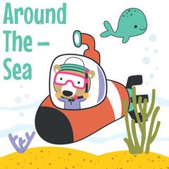 Naklejka premium Diving with funny bear driving submarine. Creative vector childish background for fabric, textile, nursery wallpaper, poster, card, brochure. vector illustration background.