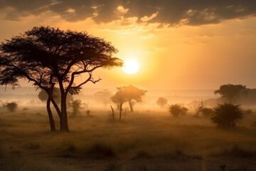 Fototapeta na wymiar Sunrise in the wild African savannah 3 Generative AI