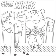 Cute little tiger riding scooter, funny animal cartoon,vector illustration. Childish design for kids activity colouring book or page.