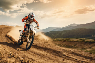 Extreme Motocross MX Rider riding on dirt track ,rocky mountains 1 Generative AI - obrazy, fototapety, plakaty