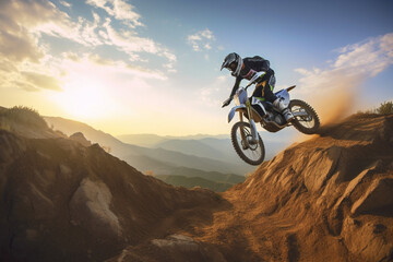 Fototapeta na wymiar Extreme Motocross MX Rider riding on dirt track ,rocky mountains Generative AI