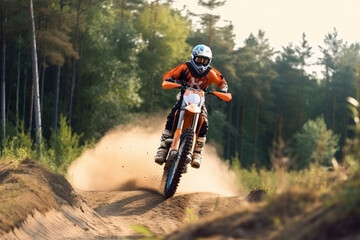 Fototapeta na wymiar Extreme Motocross MX Rider riding on dirt track Generative AI