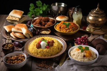Fototapeta na wymiar Middle Eastern Suhoor or Iftar meal Generative AI