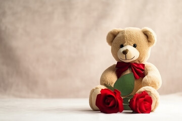 Portrait Cute teddy bear holding valentine's heart and red rose, Valentine's day and love 1 Generative AI