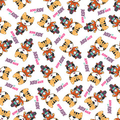 Seamless pattern texture with Cute little tiger Riding motorcycle, Cartoon Vector Icon Illustration. For fabric textile, nursery, baby clothes, background, textile, wrapping paper