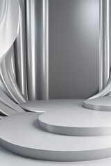 Silver podium color 3D background with geometric shapes for product presentation minimal style, stage, silver background.
