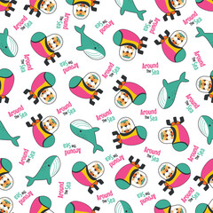 Seamless pattern of submarine with cute sailor under sea. Cute Marine pattern for fabric, baby clothes, background, textile, wrapping paper and other decoration.
