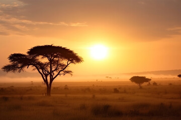 Obraz na płótnie Canvas Sunrise in the wild African savannah 1 Generative AI