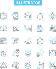 Illustrator vector line icons set. Illustrator, Vector, Design, Drawing, Create, Artwork, Pen illustration outline concept symbols and signs