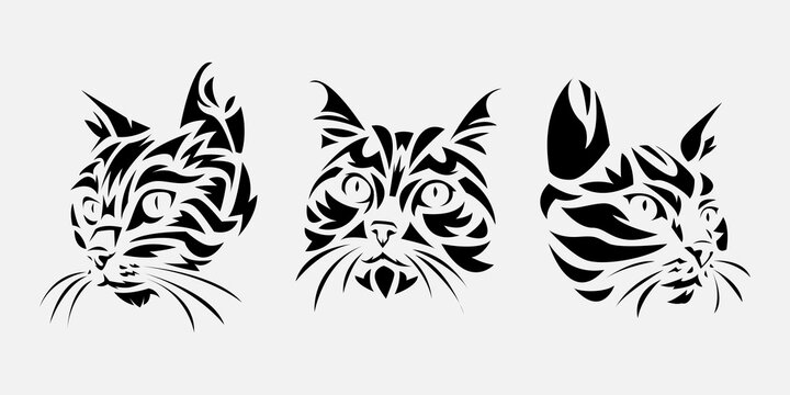 set of cat face tribal tattoos. animal, pet, wild concept. suitable for print, sticker, other design purposes. vector illustration.