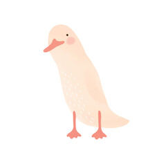 Cute Little Goose. Lovely Nursery Vector Art with Sweet Beige Happy Bird on a White Background. Hand Drawn Cartoon Farm Bird Print ideal for Card, Wall Art, Poster, Greetings.