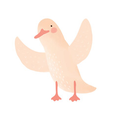 Cute Little Goose Flapping its Wings. Lovely Nursery Vector Art with Sweet Beige Happy Bird on a White Background. Hand Drawn Cartoon Farm Bird Print ideal for Card, Wall Art, Poster, Greetings.
