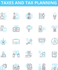 Taxes and tax planning vector line icons set. Taxes, Taxation, Taxation Planning, Planning, Return, Deductible, Payroll illustration outline concept symbols and signs