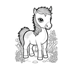 Coloring book of a pony cub, black and white illustration for coloring with flowers, outline of a cute pony on a white background. Vector