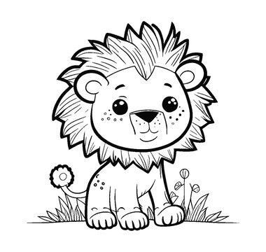 Outline style, coloring book, lion cub, little lion cub for children's coloring book.